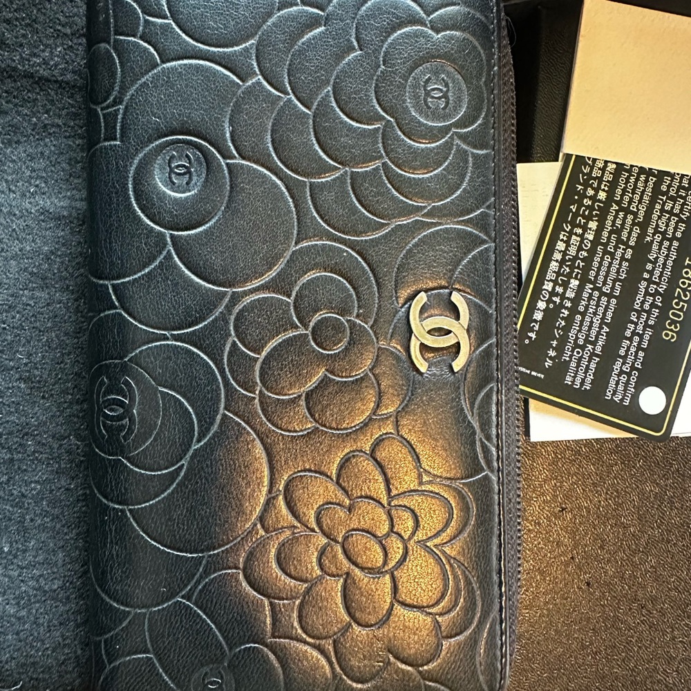 CHANEL Black Floral Embossed Wallet Camellia